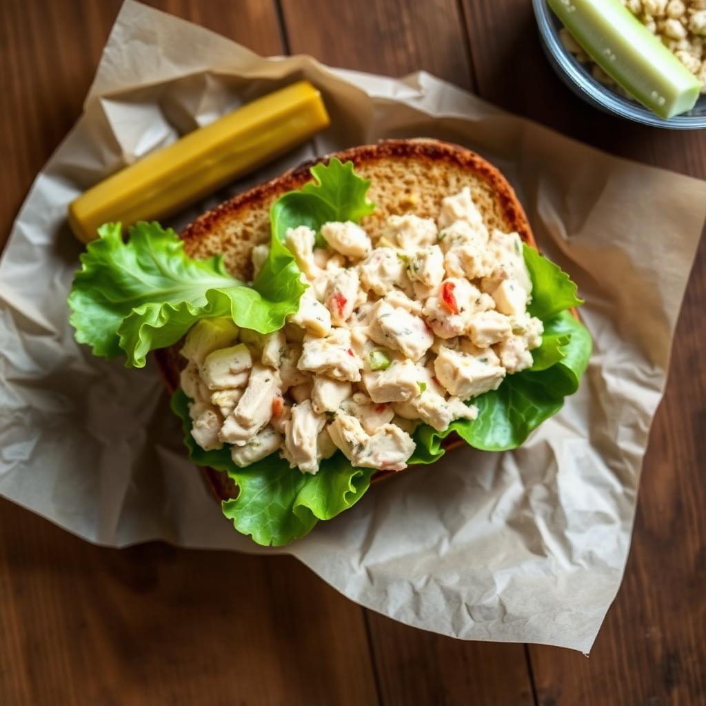 Chicken salad sandwich on toasted bread with pickle