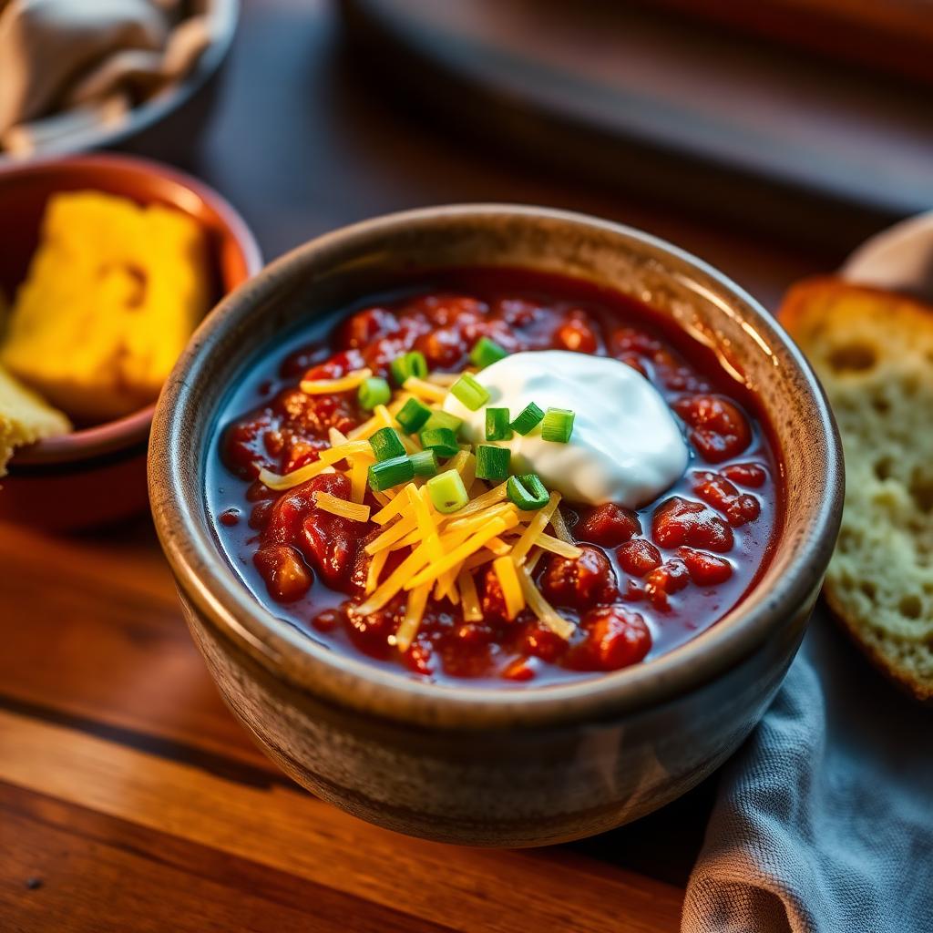 Hearty bowl of chili with cheese and sour cream