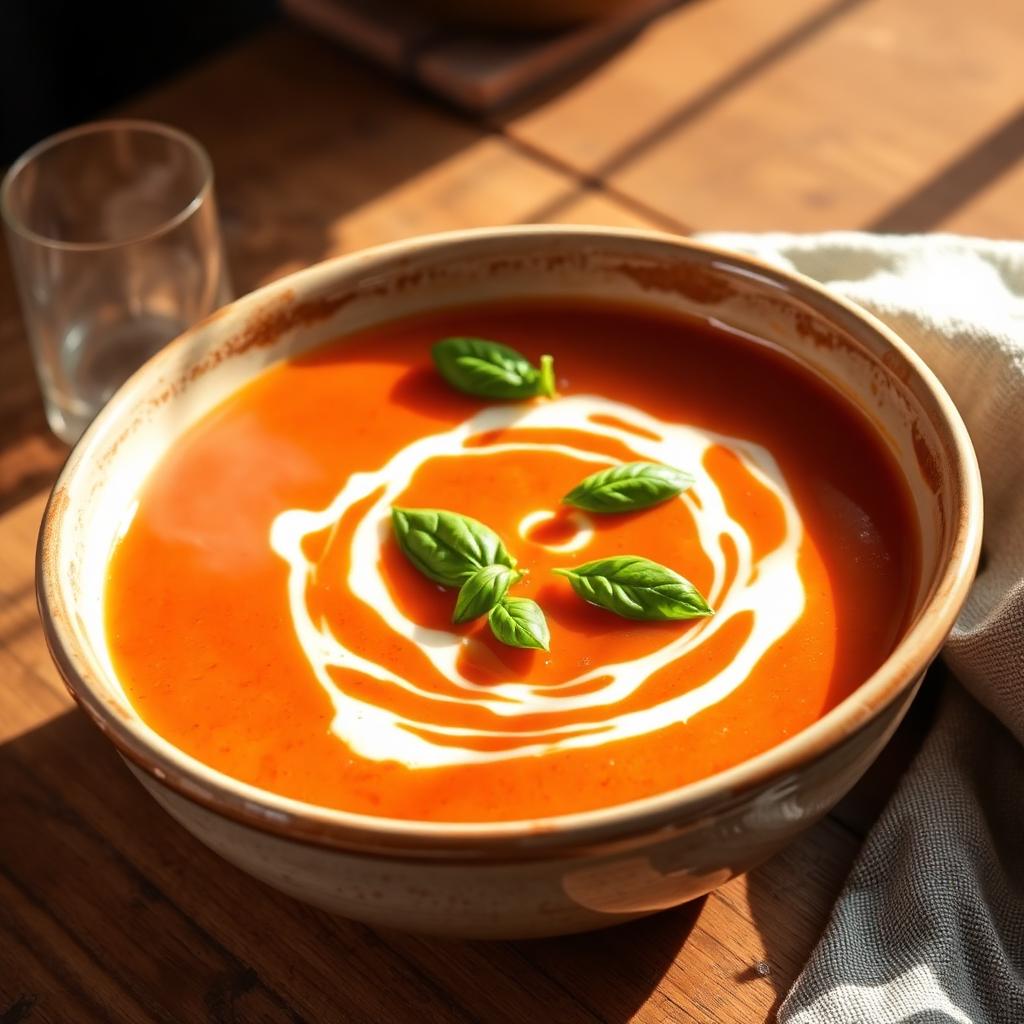 Bowl of creamy tomato basil soup with fresh basil